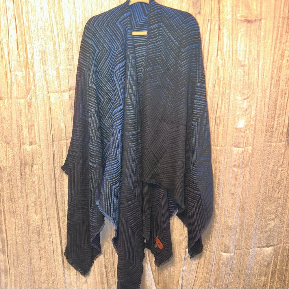 Missoni Italy Black + Blue Shawl Wrap Fringe Hem